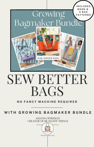Promotional graphic for the Growing Bagmaker Bundle book and pattern set, featuring the title 'SEW BETTER BAGS' and photos of various tote bags. A badge in the top right says it includes the book and 3 bag patterns.