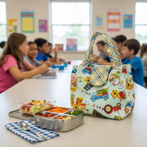 Colorful patterned lunch bag on a classroom table with children in the background