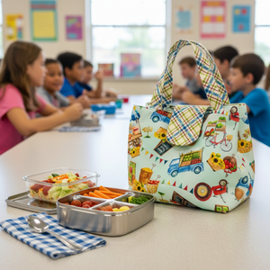 Colorful patterned lunch bag on a classroom table with children in the background