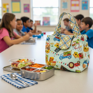Colorful patterned lunch bag on a classroom table with children in the background