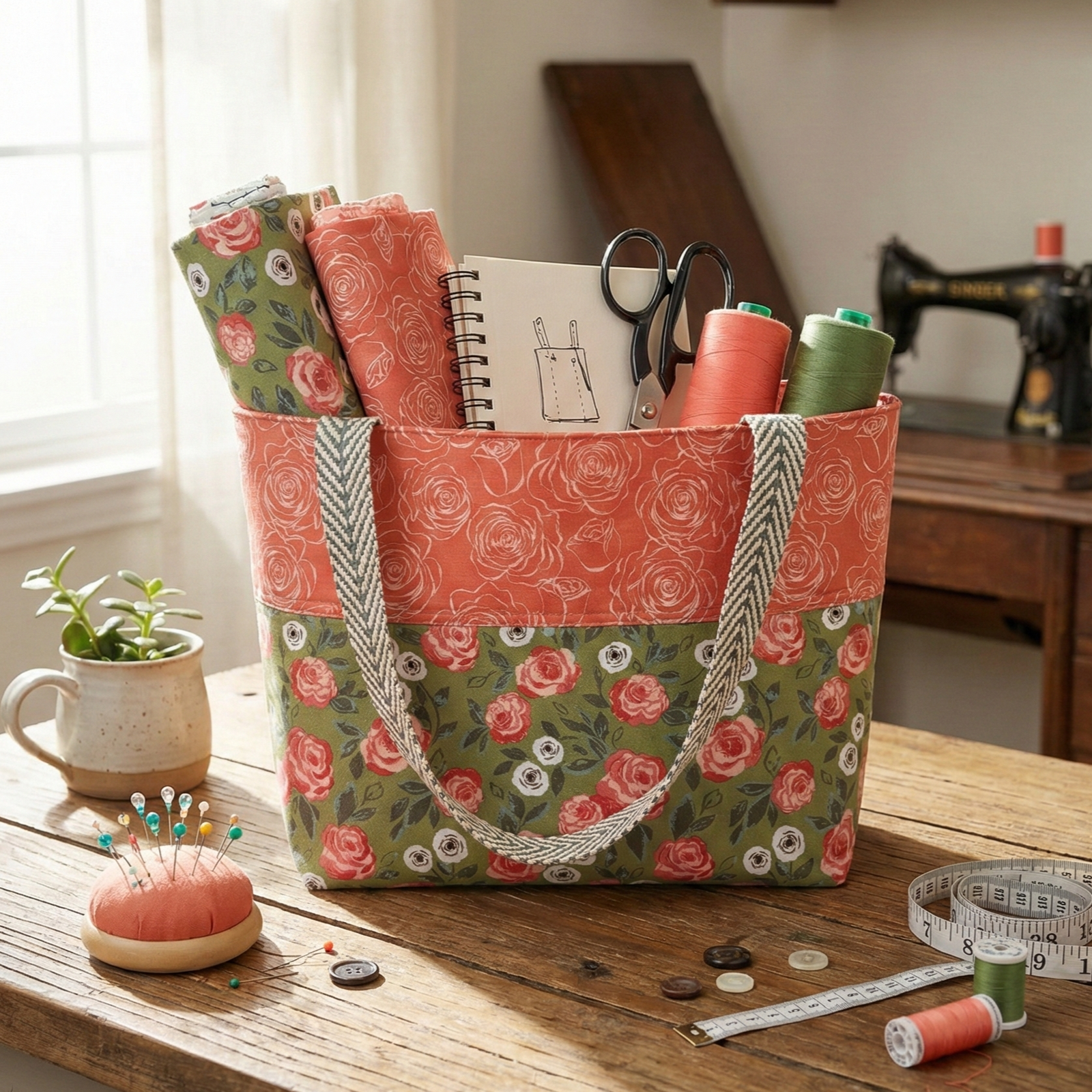 Floral-patterned tote bag filled with sewing supplies on a wooden table.