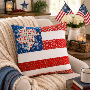 Decorative pillow with American flag design on a couch, surrounded by patriotic decor.