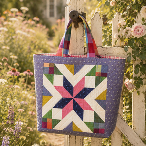 Colorful quilted starry tote bag with star pattern hanging on a wooden fence in a garden.