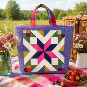 Colorful quilted starry tote bag on a picnic blanket with flowers and fruits