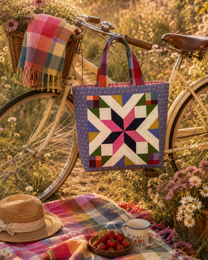 Colorful quilted starry tote bag hanging on a bicycle with a picnic setup in a garden.