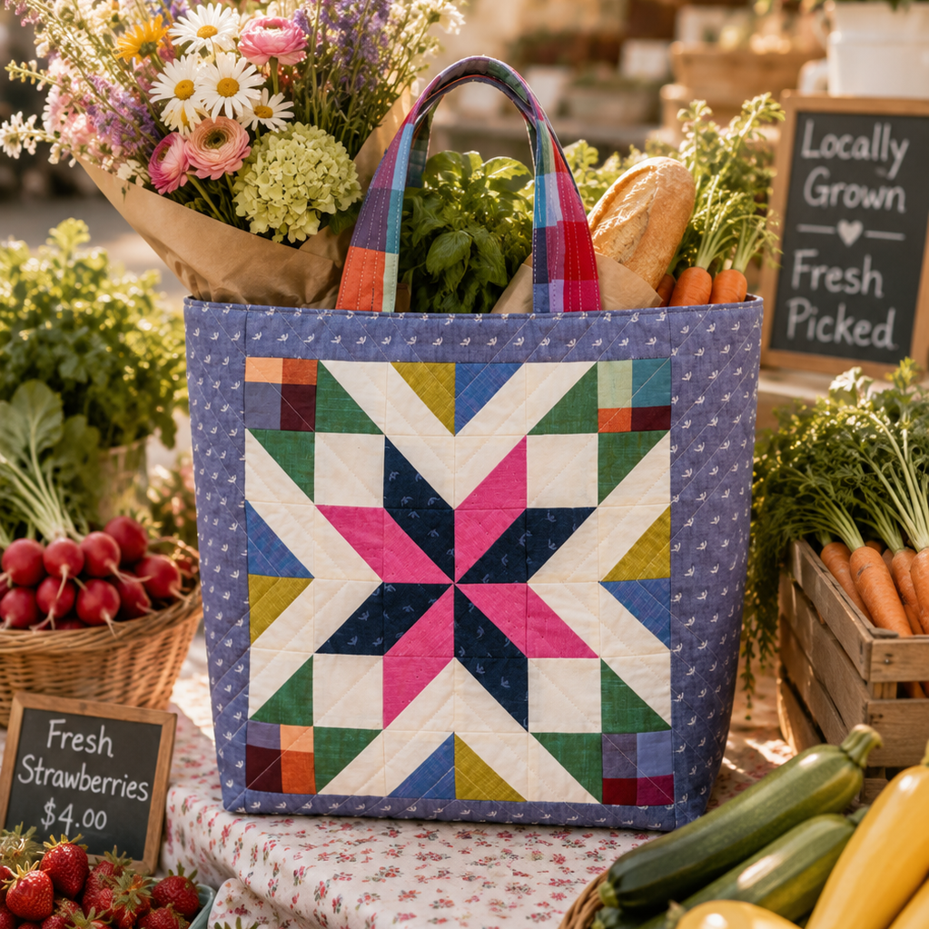 Colorful quilt-style tote bag at a farmers market with fresh produce.