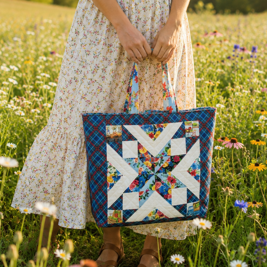 Woman standing in a wildflower field holding the Starry Tote bag