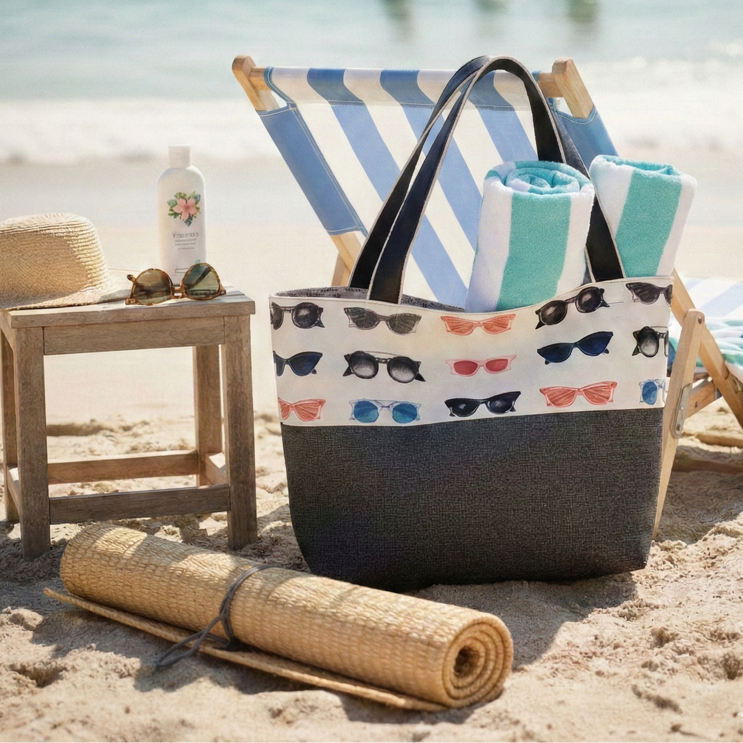 Kathy tote filled with towels against a beach chair with beach accessories
