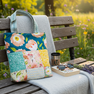 Floral patterned bag on a wooden bench with a blanket and a cup in a natural setting
