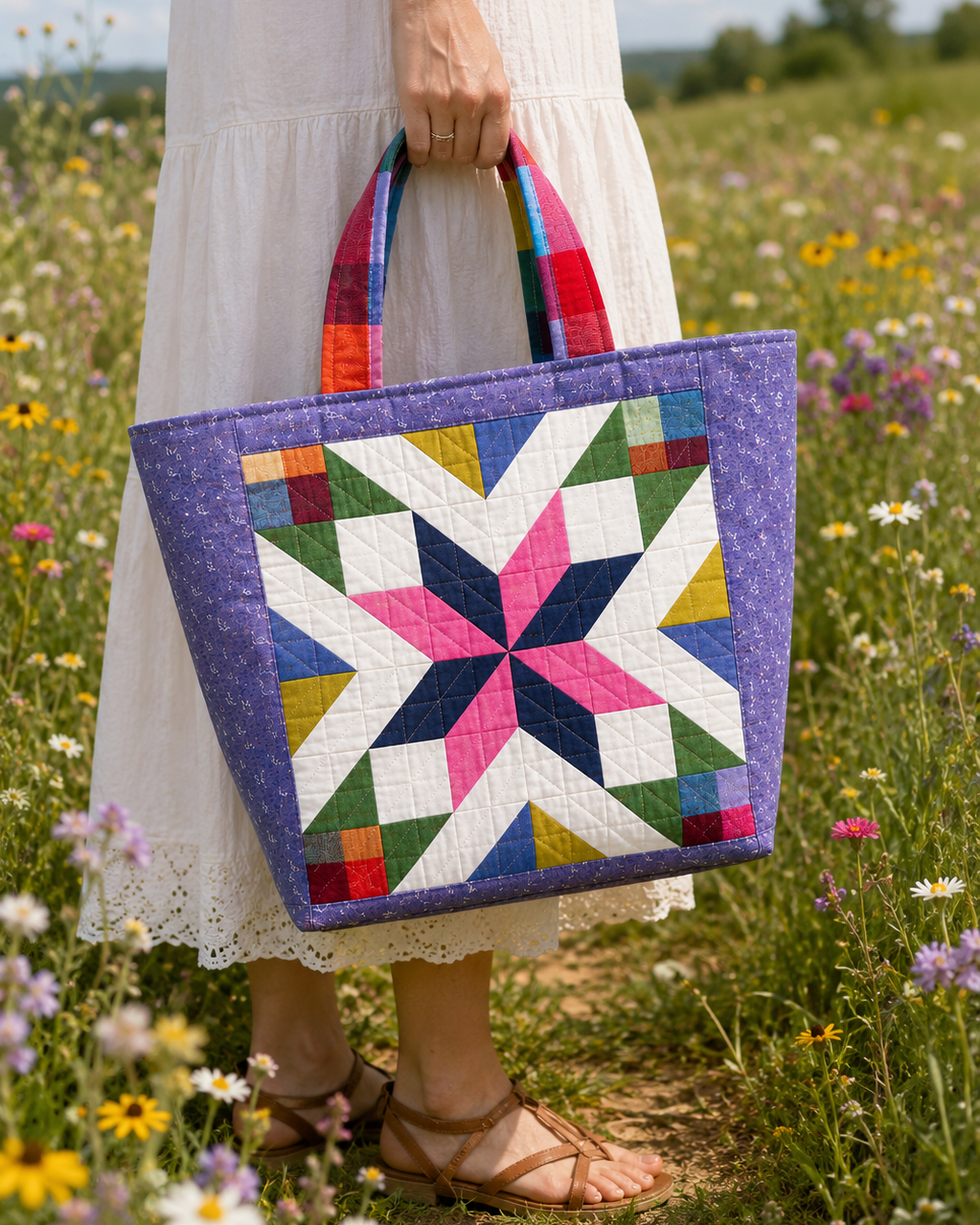 Colorful quilt-style tote bag at a farmers market with fresh produce.