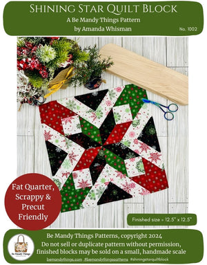 Shining star quilt block pattern digital download by Be Mandy Things with red green and white festive fabric