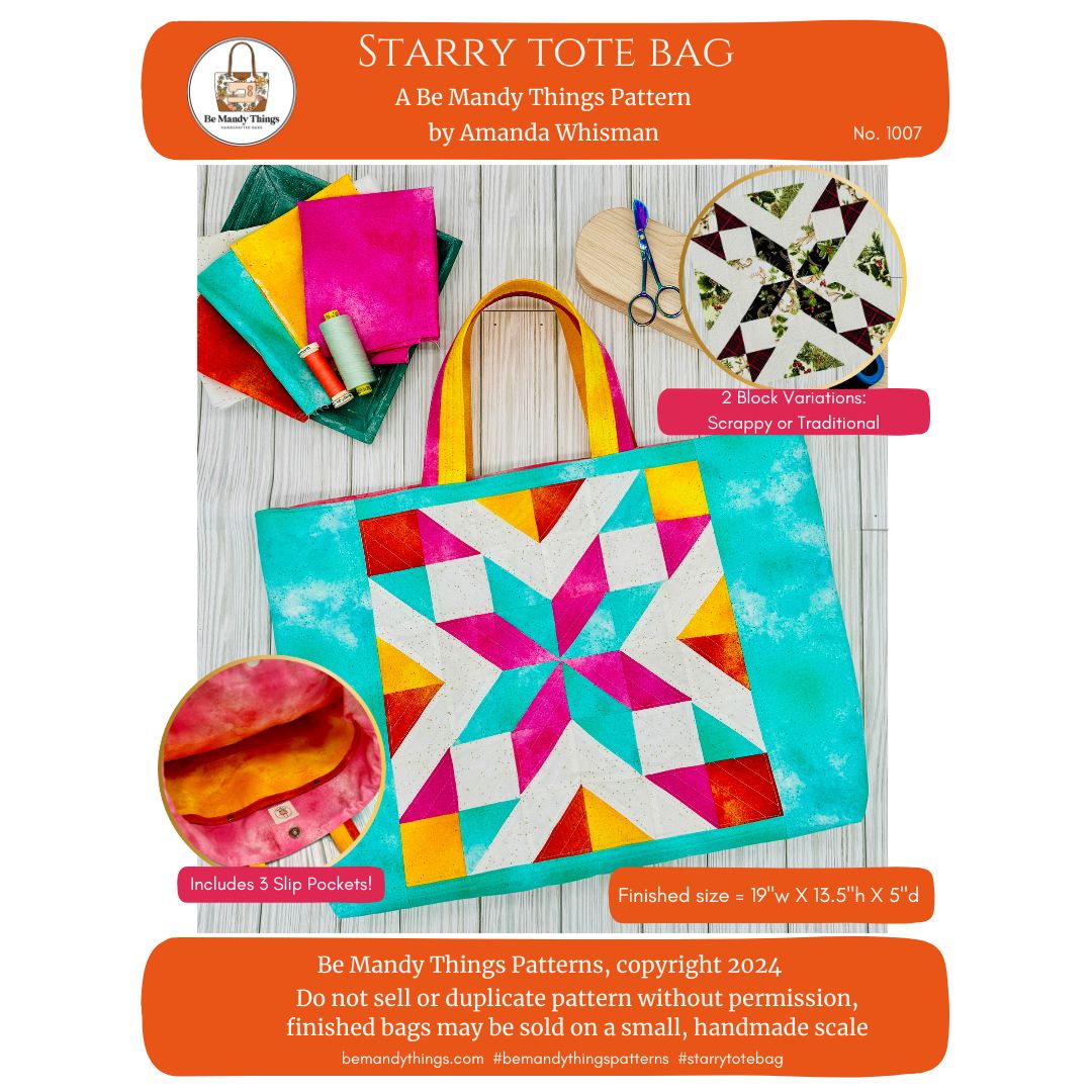 Starry tote bag featuring a colorful star quilt block pattern digital download by Be Mandy Things