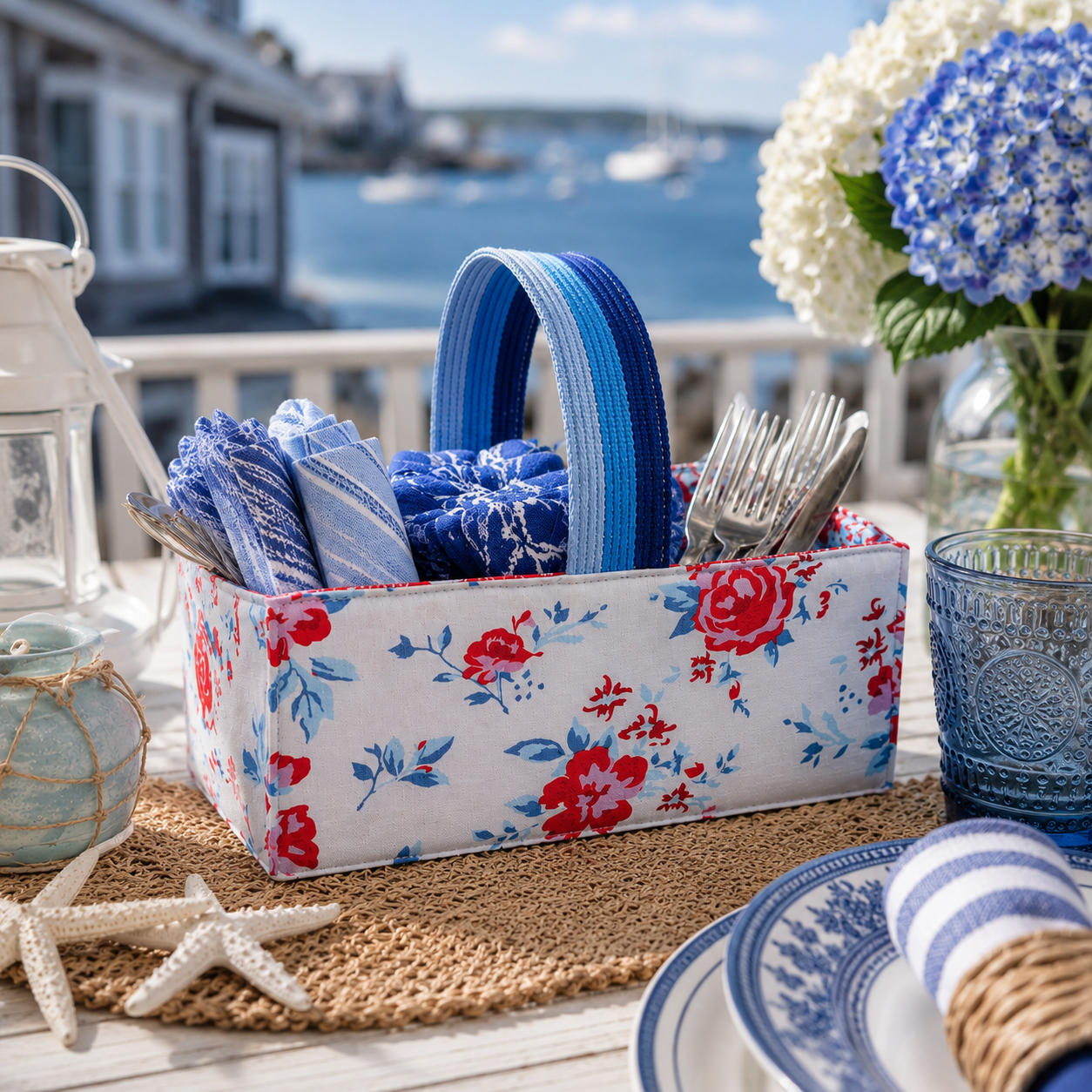 Floral-patterned gifted stitches basket with blue and white items on a table by a waterfront.