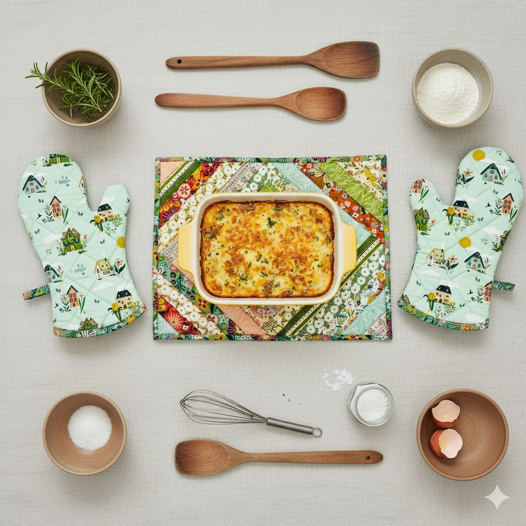 Cottage Charm Quilted Kitchen Set – Handmade Hot Pad & Oven Mitts
