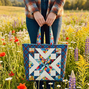 Person holding a colorful quilted bag in a field of flowers