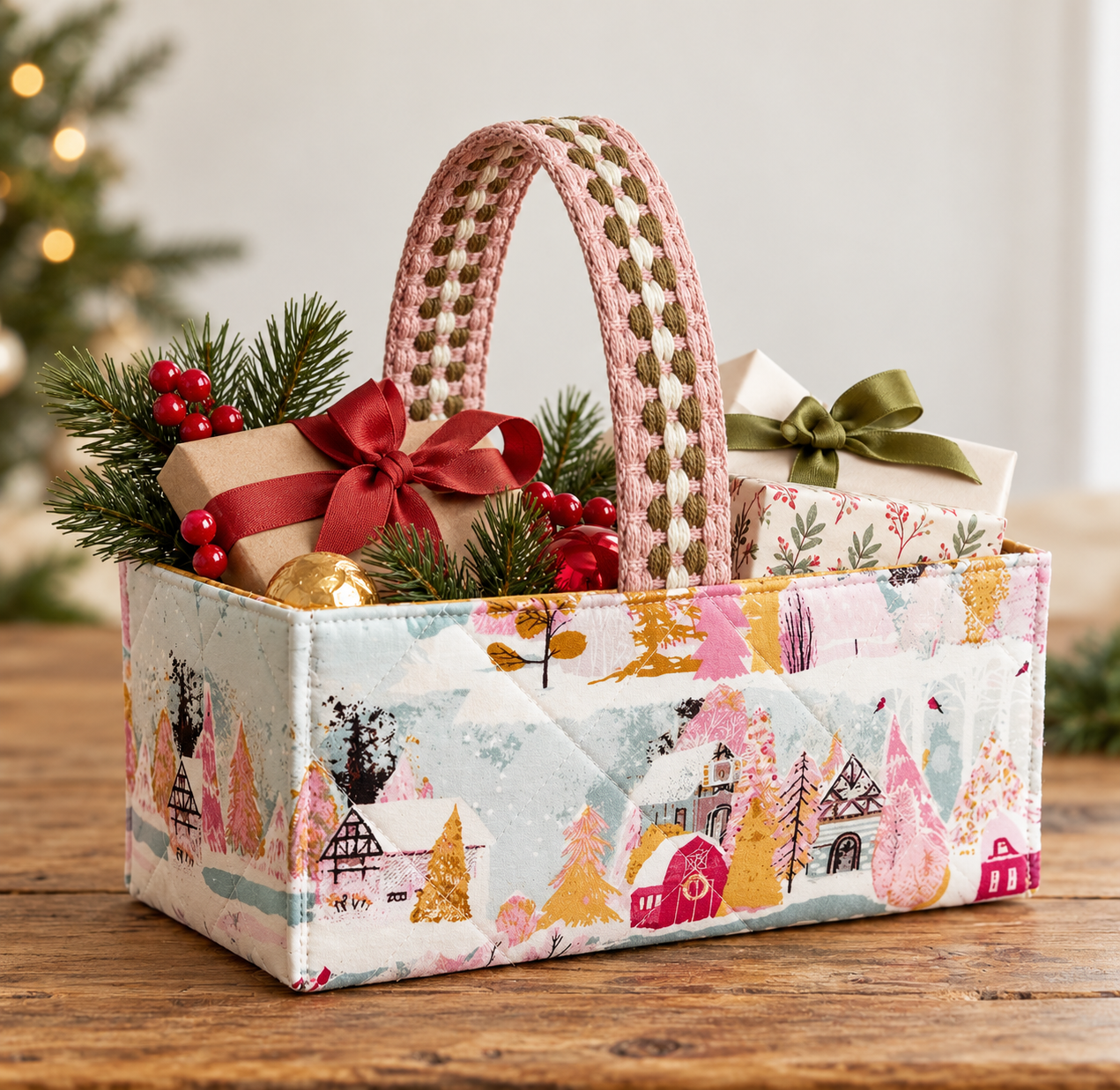 Gifted Stitches fabric basket in a pink winter village print, filled with wrapped gifts and greenery