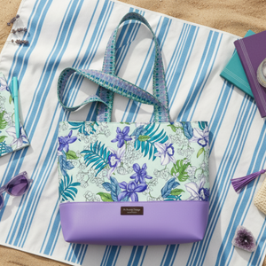 floral tote on a beach