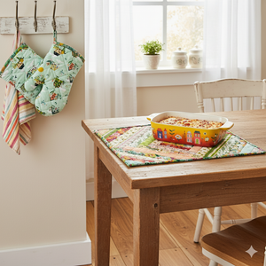 Cottage Charm Quilted Kitchen Set – Handmade Hot Pad & Oven Mitts