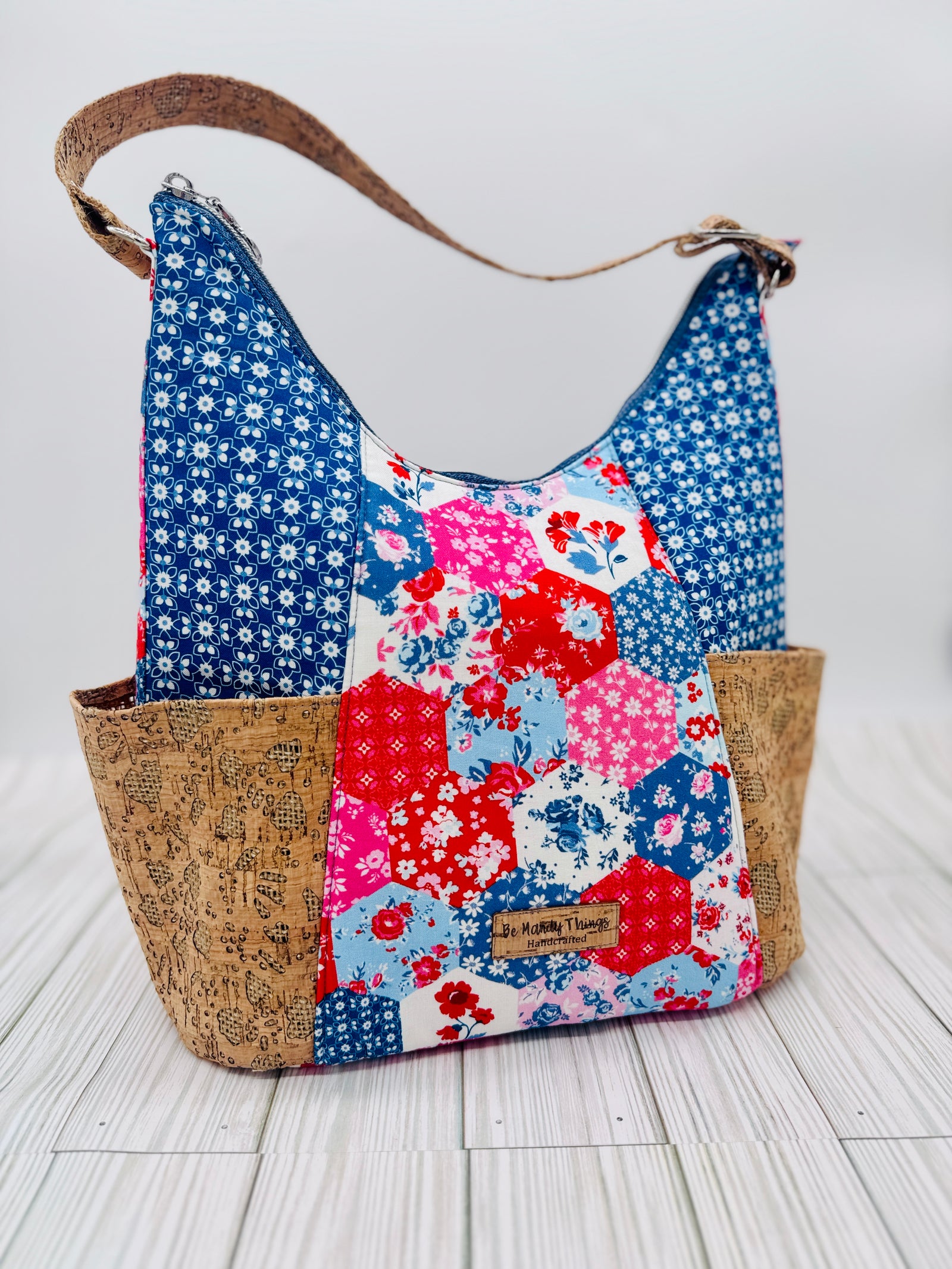 Patchwork Elise handbag for summer featuring floral patterns and cork detailing by Be Mandy Things