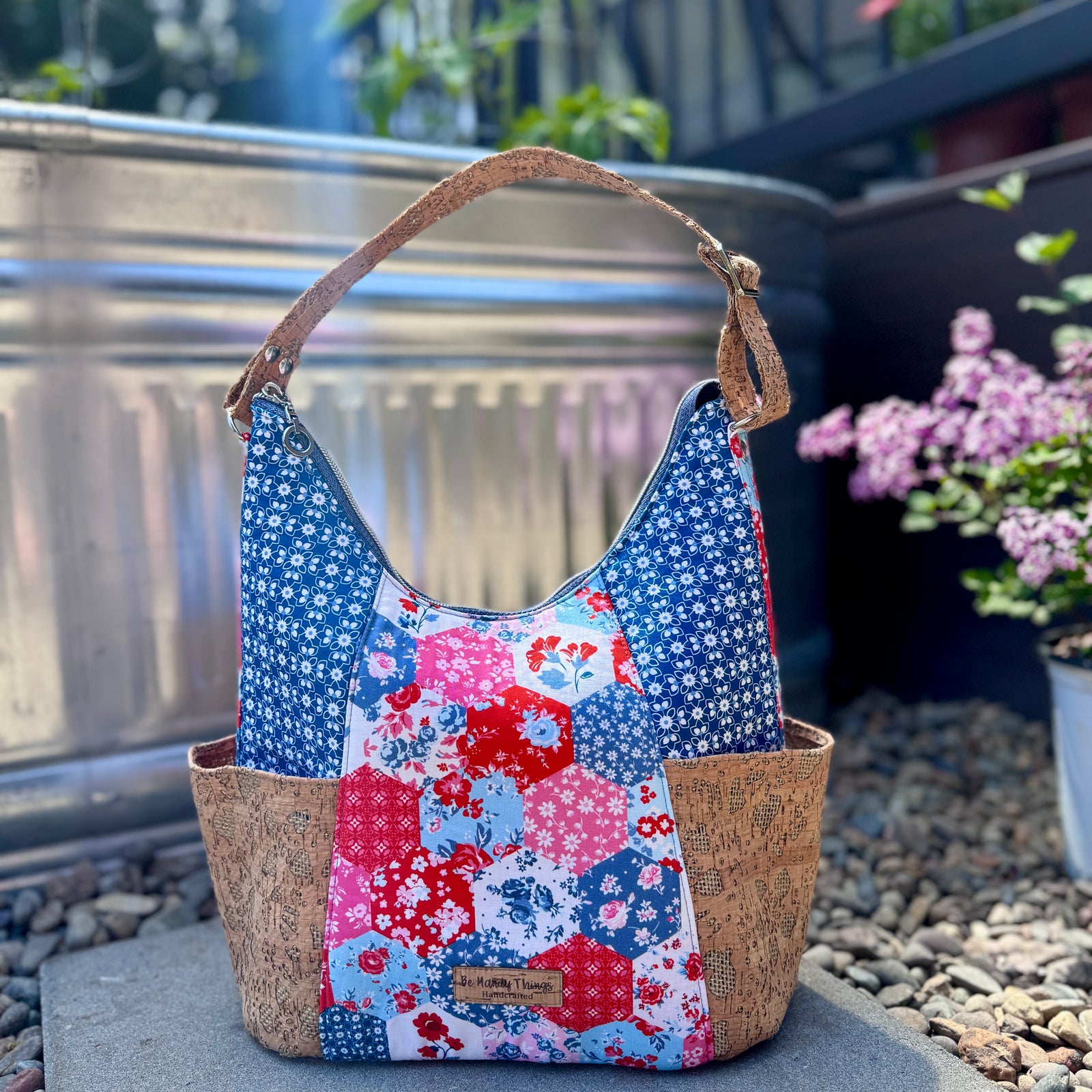 Be Mandy Things patchwork elise handbag for summer with colorful fabric and cork accents