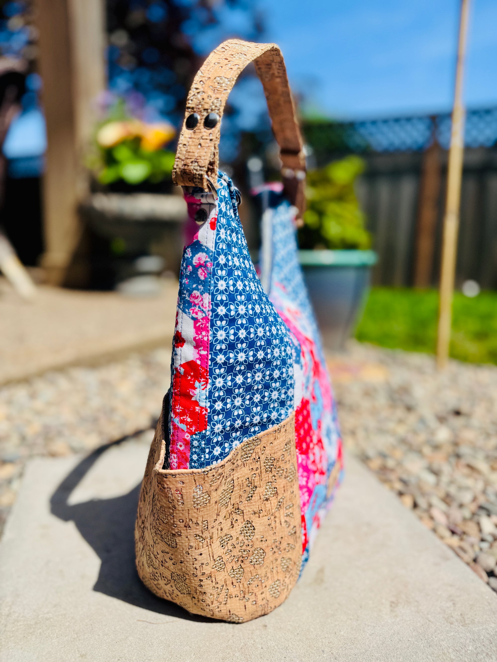 Be Mandy Things patchwork elise handbag for summer with colorful fabric design and cork trim