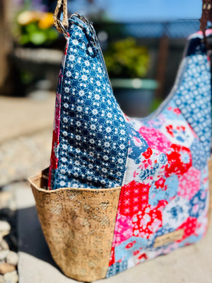 Patchwork Elise handbag for summer featuring vibrant floral patterns and a textured natural base