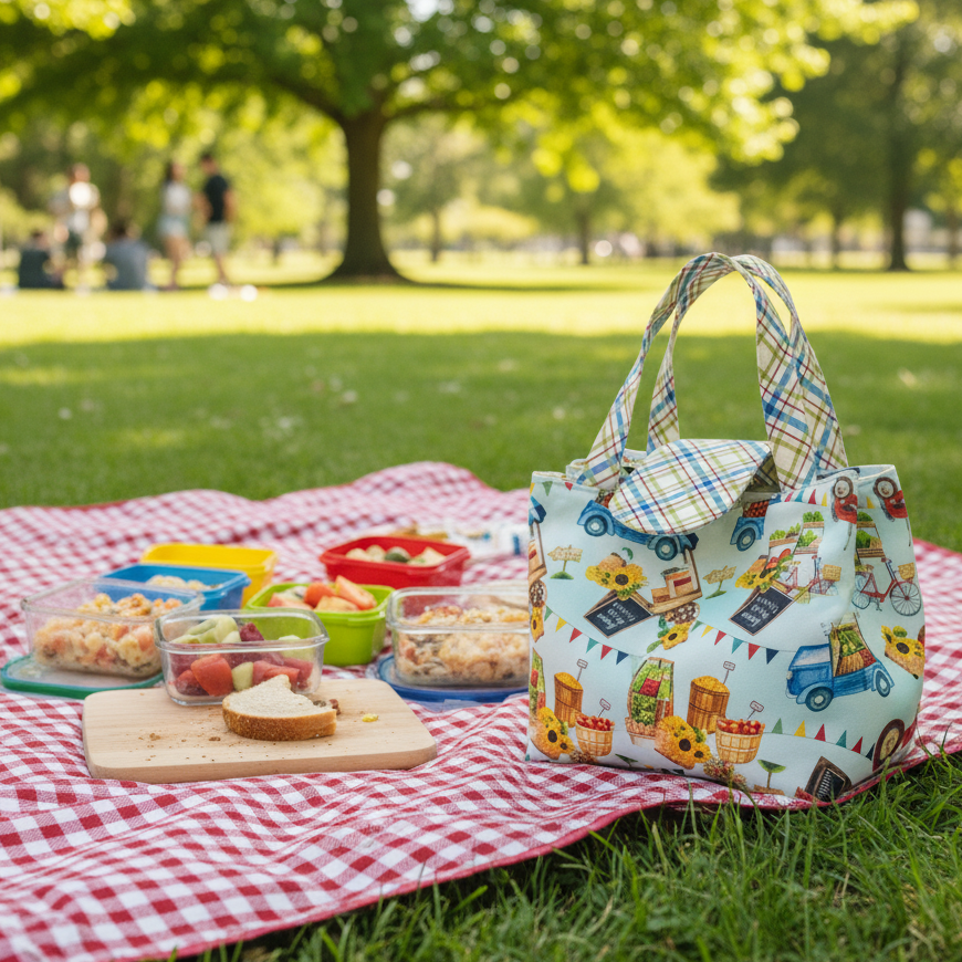 Colorful lunchbox with food on a checkered blanket in a park