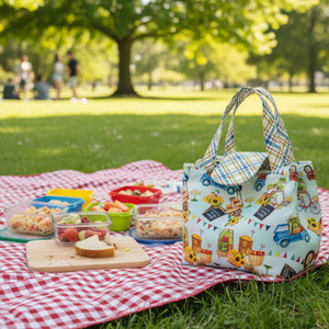 Colorful picnic basket with handmade lunchbox and food on a checkered blanket in a park