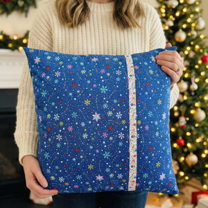 Binding Pillow in a blue snowflake print held up in front of a Christmas tree
