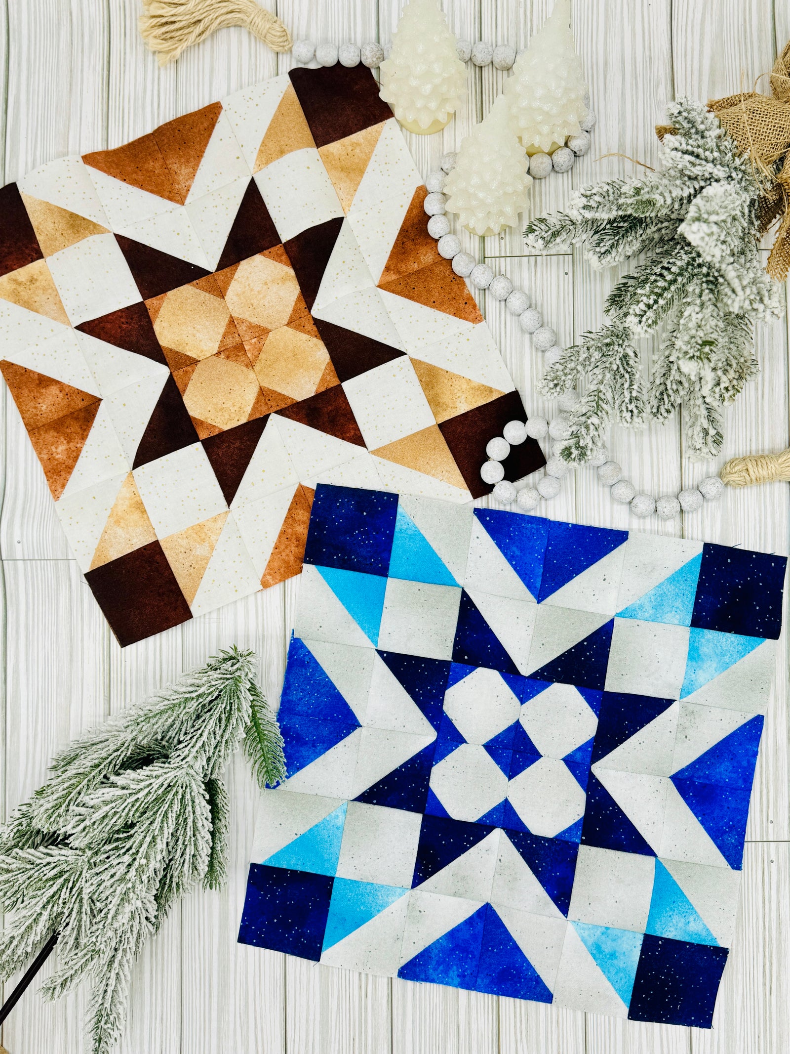 Be Mandy Things Shining Snowflake Quilt Pattern digital download featuring two quilt blocks in blue and brown colors with winter decor