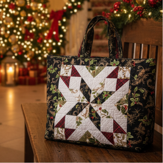 Starry tote with a red, green and cream Shining Star block on a dark holly print, on a wooden bench by a lit Christmas tree