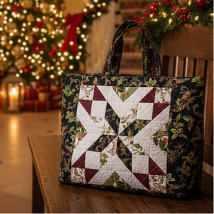 Starry tote with a red, green and cream Shining Star block on a dark holly print, on a wooden bench by a lit Christmas tree