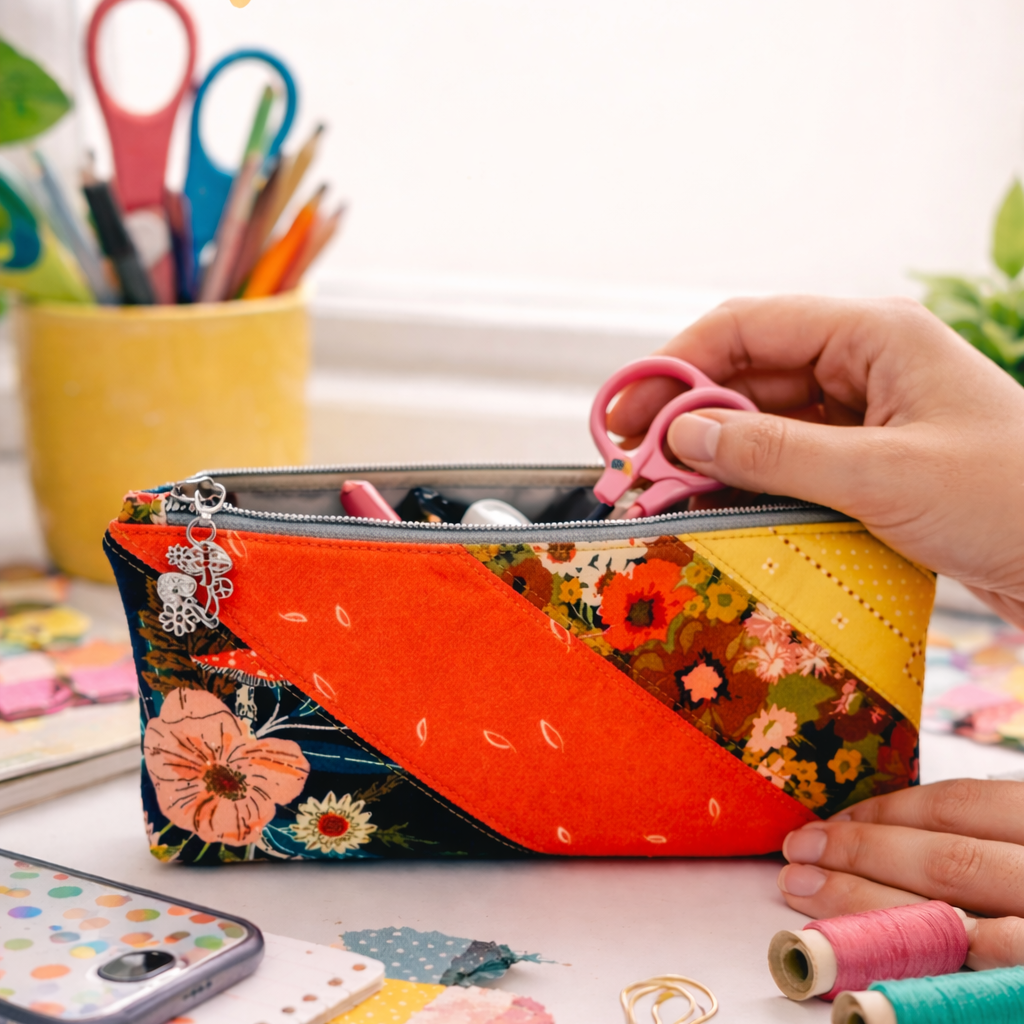 Colorful patchwork pencil case with floral patterns held by a hand on a desk with stationery items.