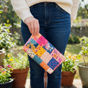 Person holding a colorful patchwork clutch outdoors with plants in the background
